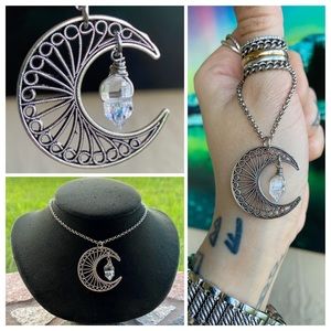 Crystal moon necklace . Boho Genuine herkimer diamond quartz crecent moon charm